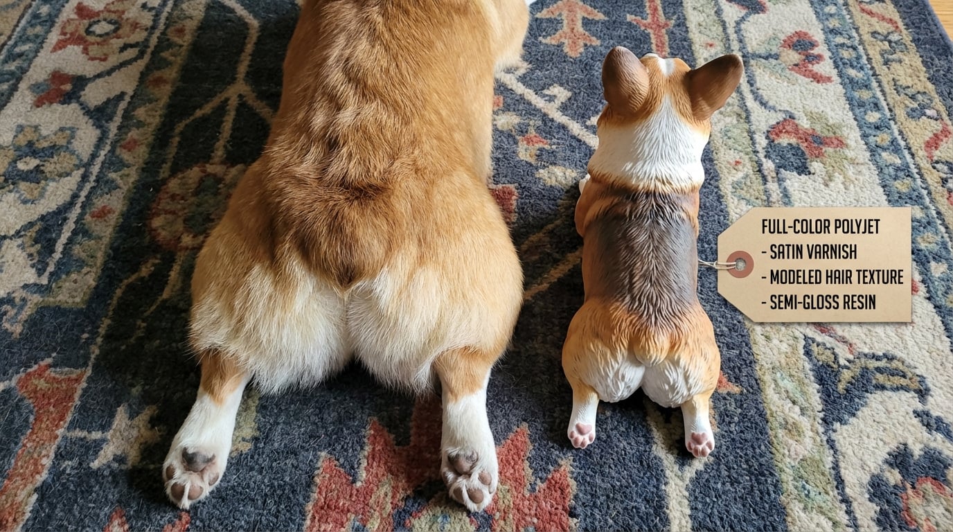 Top-down view of a real Corgi splooting next to a matching figurine.