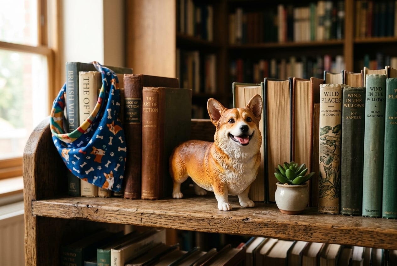 Full-color 3D printed resin figurine of a smiling Corgi on a wooden bookshelf with books and a real dog bandana