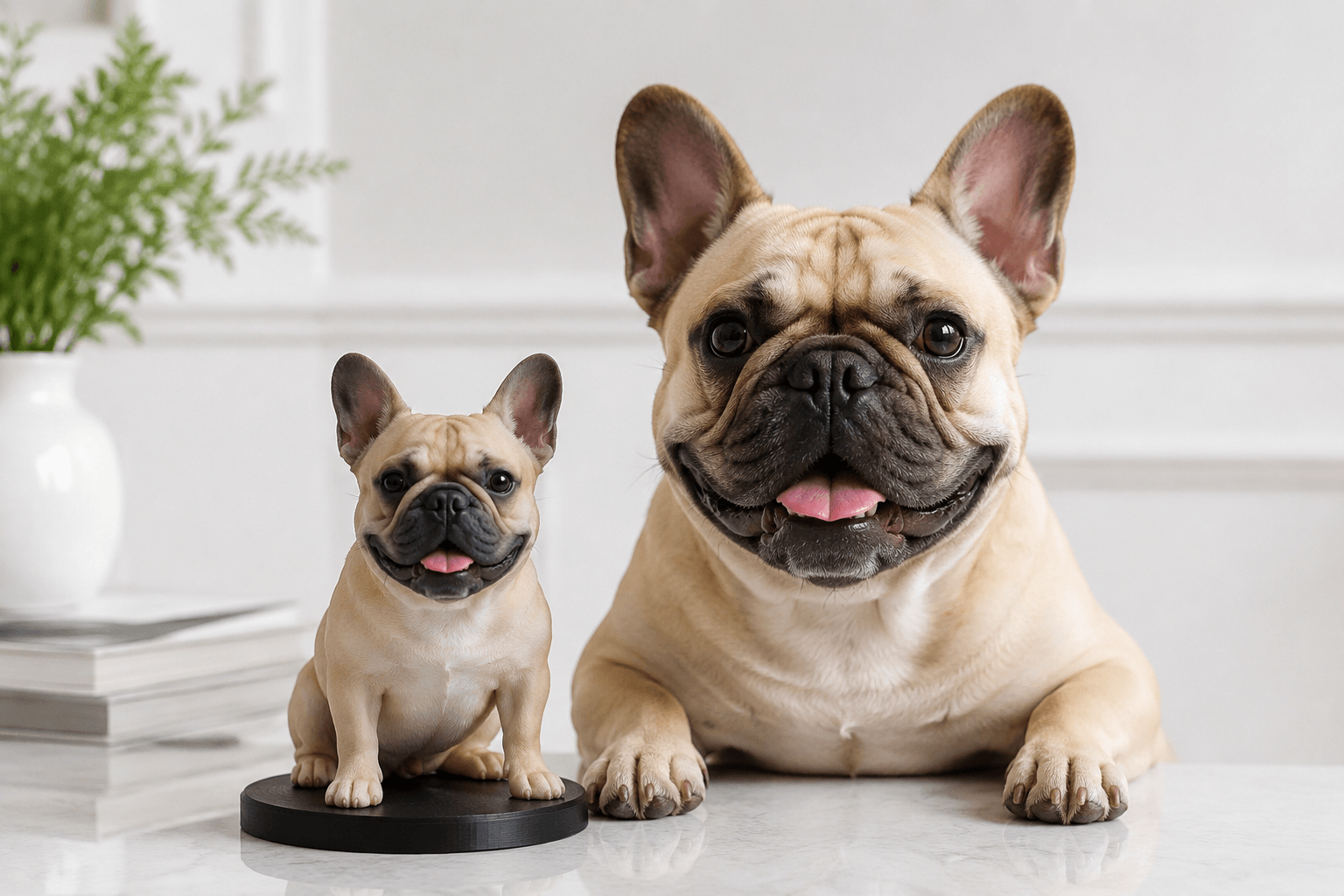 French Bulldog beside its high-detail full-color resin figurine on a bright minimalist studio table