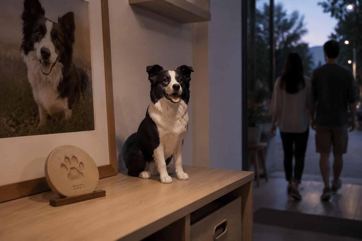 Border Collie resin figurine and a clay paw print on a hallway shelf in soft dusk light