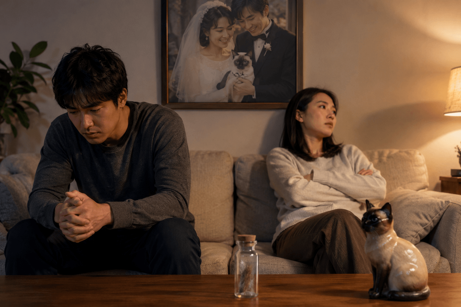 Couple on couch in different grief postures with Siamese cat fur clipping vial and full-color 3D printed resin figurine on coffee table