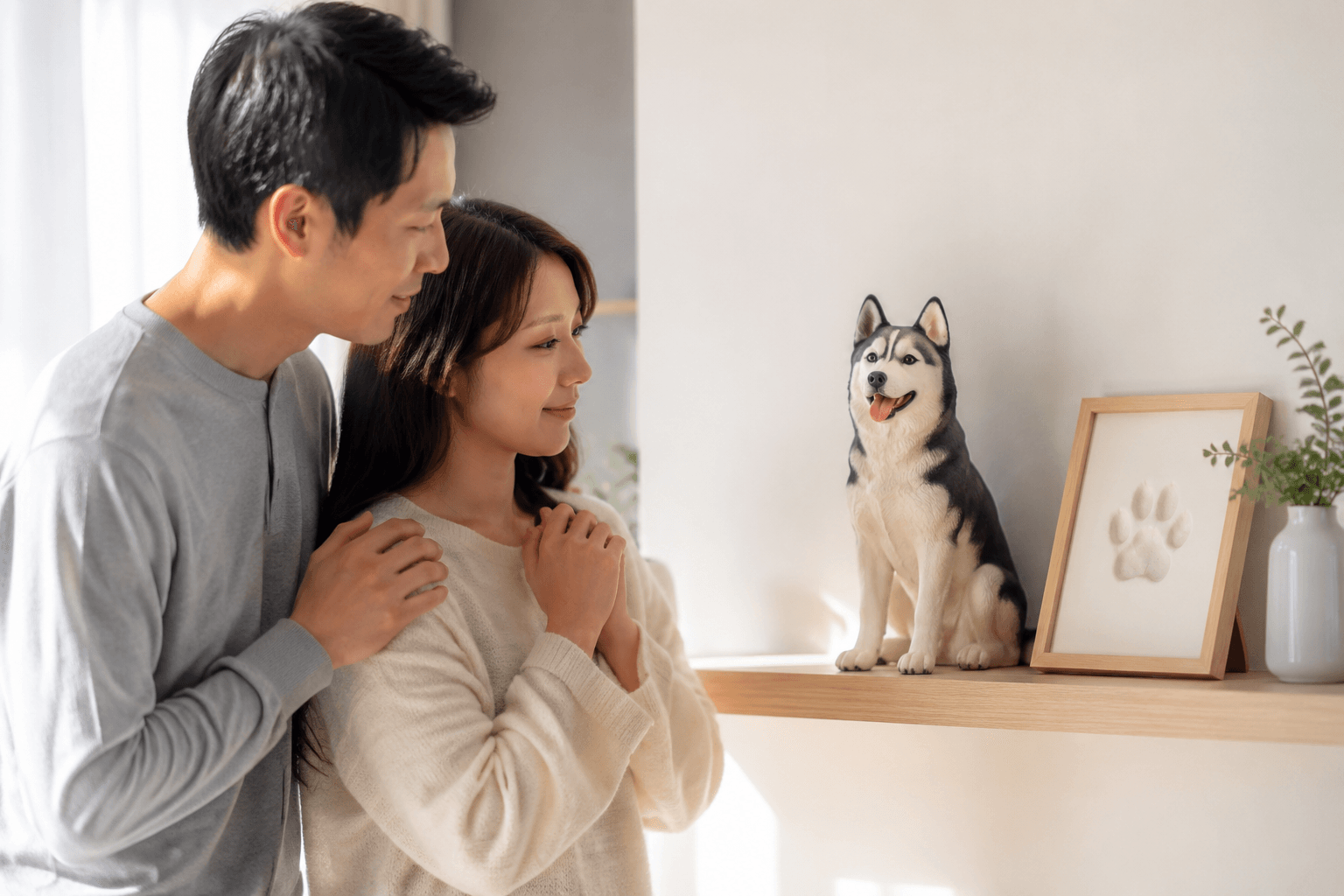 Husky resin figurine and a framed paw print on a sunlit shelf in a minimalist room