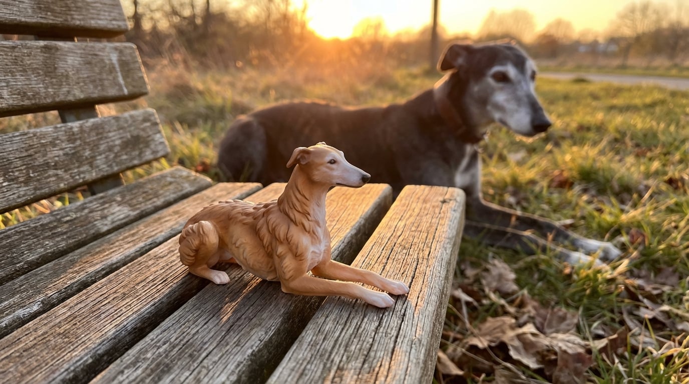 3D printed greyhound figurine on a fence post with a real dog walking in the distance at sunset.