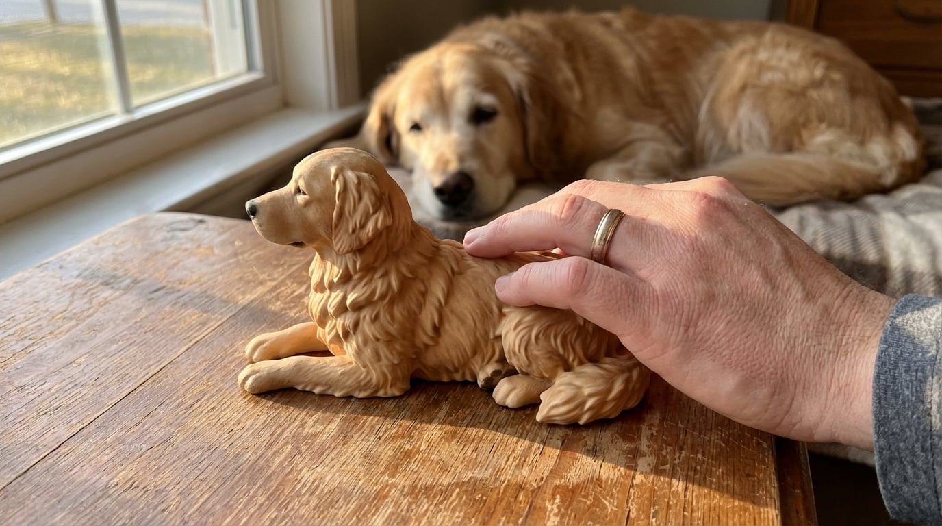 Hands exploring the texture of a custom 3D printed Labrador figurine.