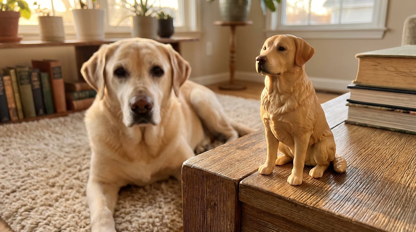A Labrador Retriever looking loyal next to a gift bag and a custom figurine, perfect for empty nesters.