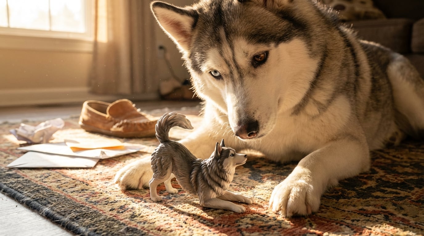 A Husky with a playful expression next to a custom figurine, capturing the spirit of a mischievous pet.