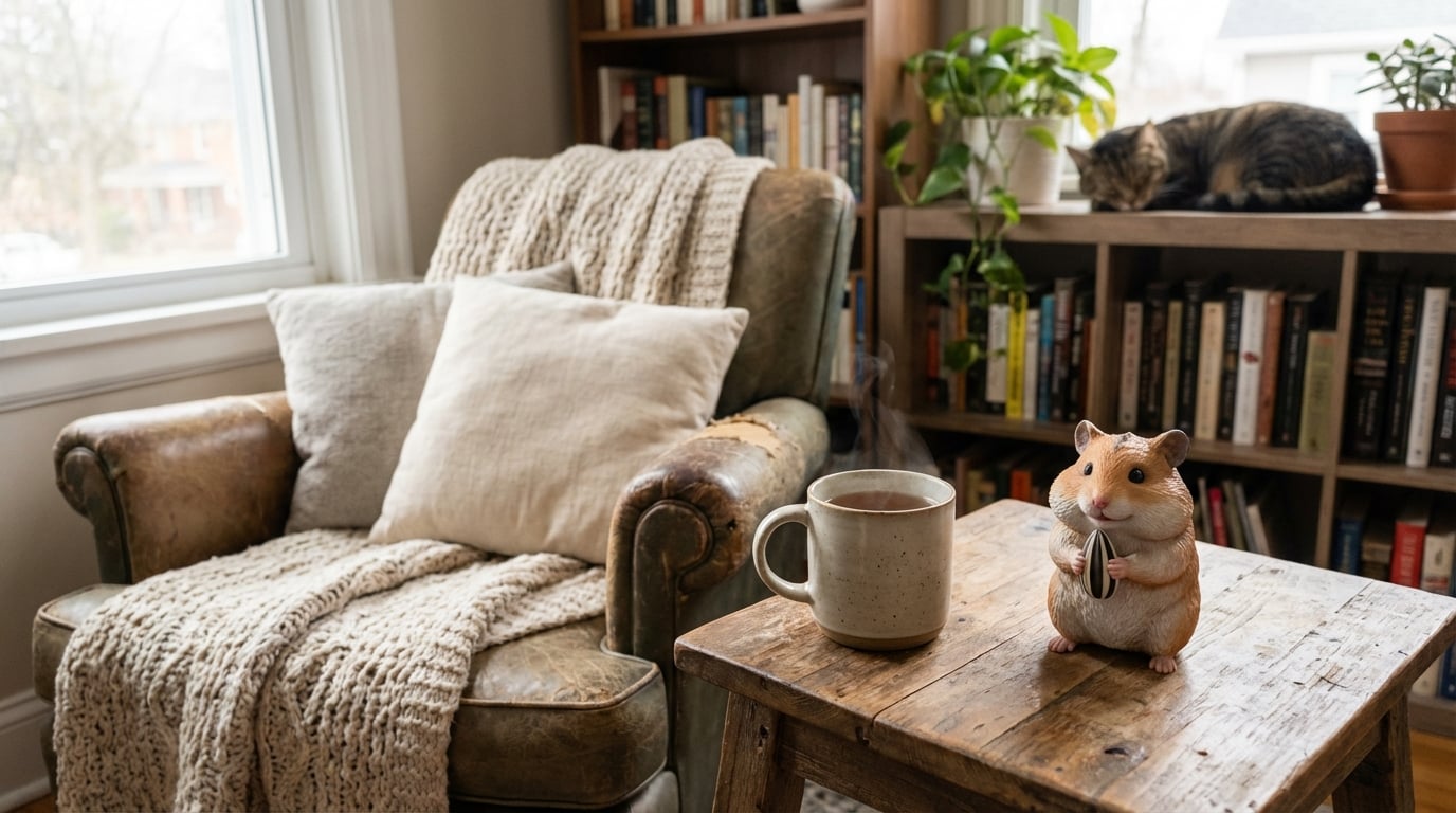 Tiny hamster figurine on a side table next to tea
