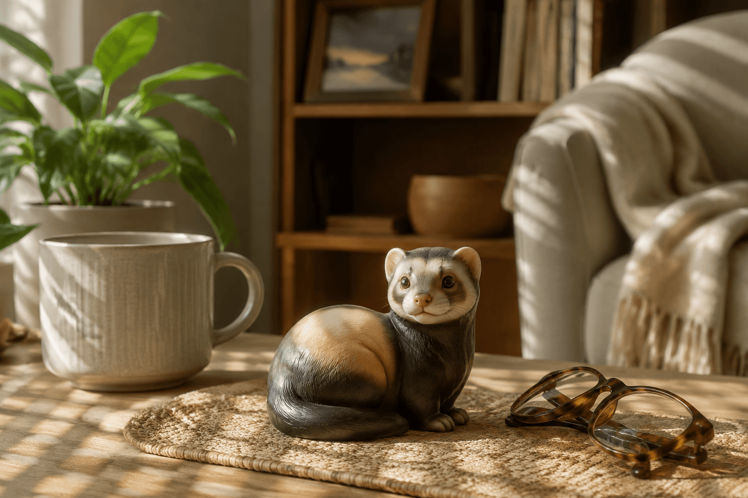 Ferret figurine curled in a relaxed loaf with bright eyes