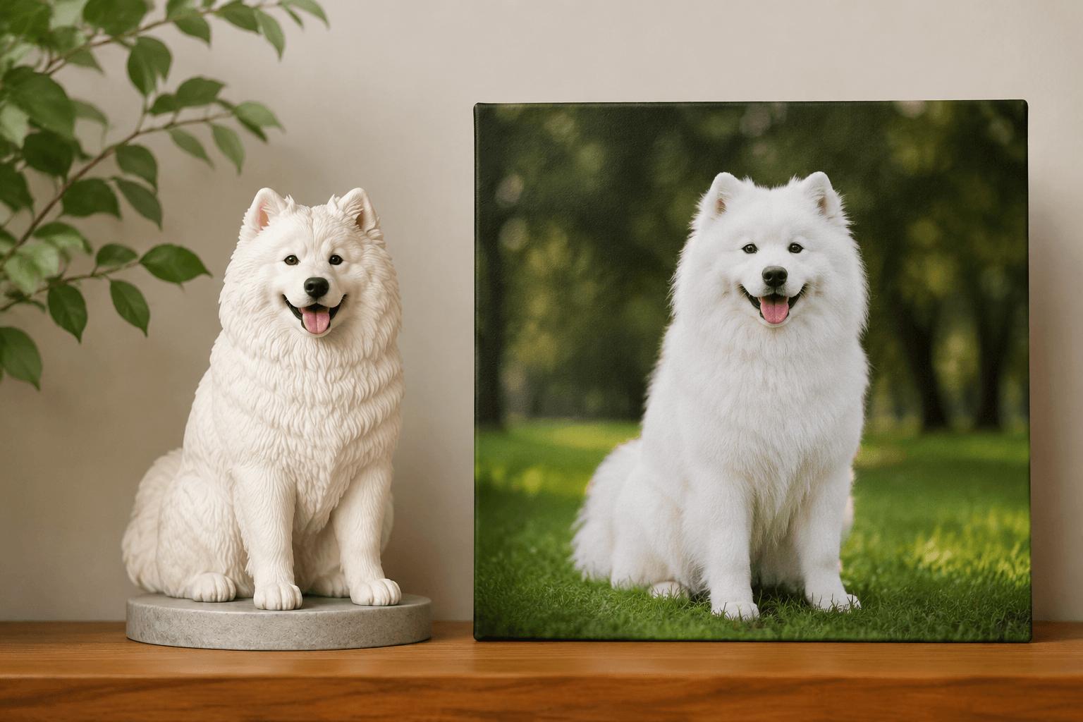 Side-by-side comparison of a Samoyed full-color resin figurine and a canvas photo print on a clean shelf in natural light