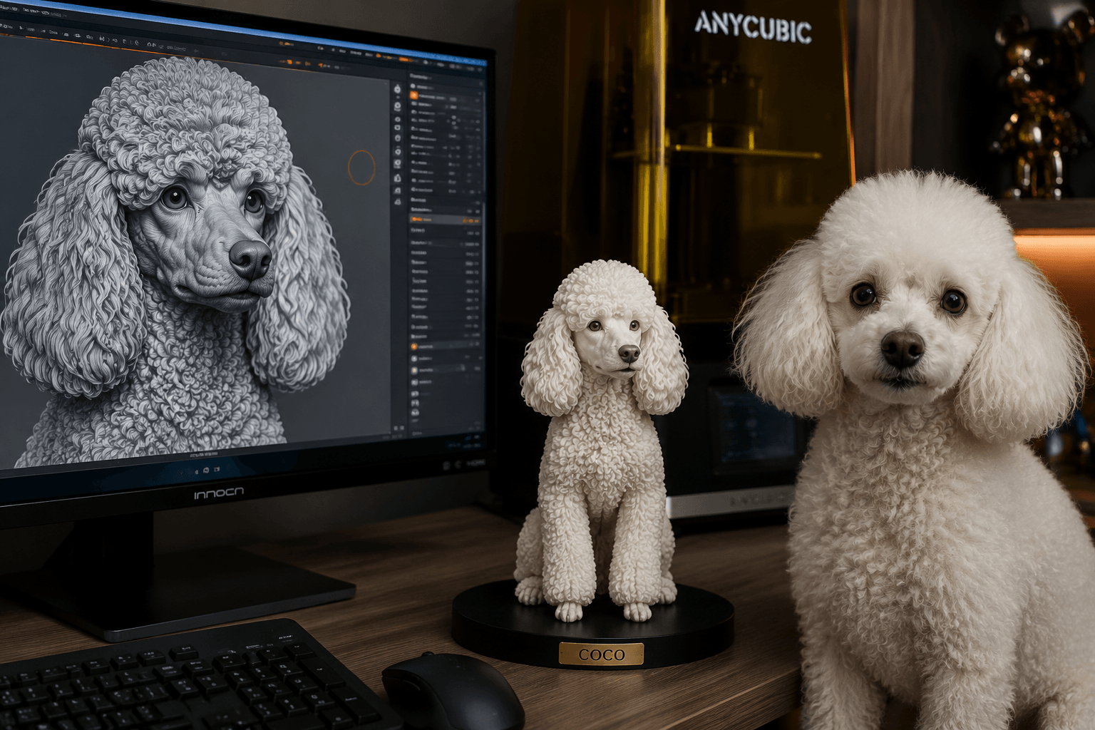 A digital sculpt of a Poodle's curly coat on screen beside the finished resin figurine and the real Poodle