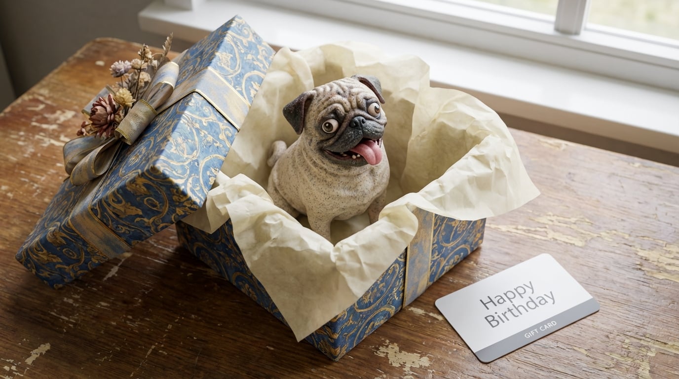 Pug figurine inside an open gift box next to a gift card