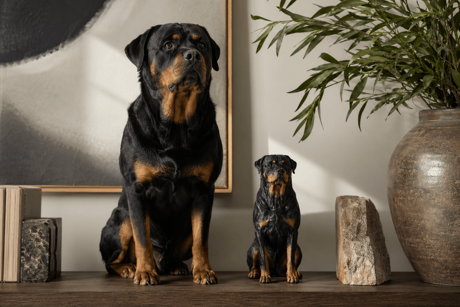 Rottweiler with a full-color resin figurine displayed on a sturdy shelf in a durability comparison scene