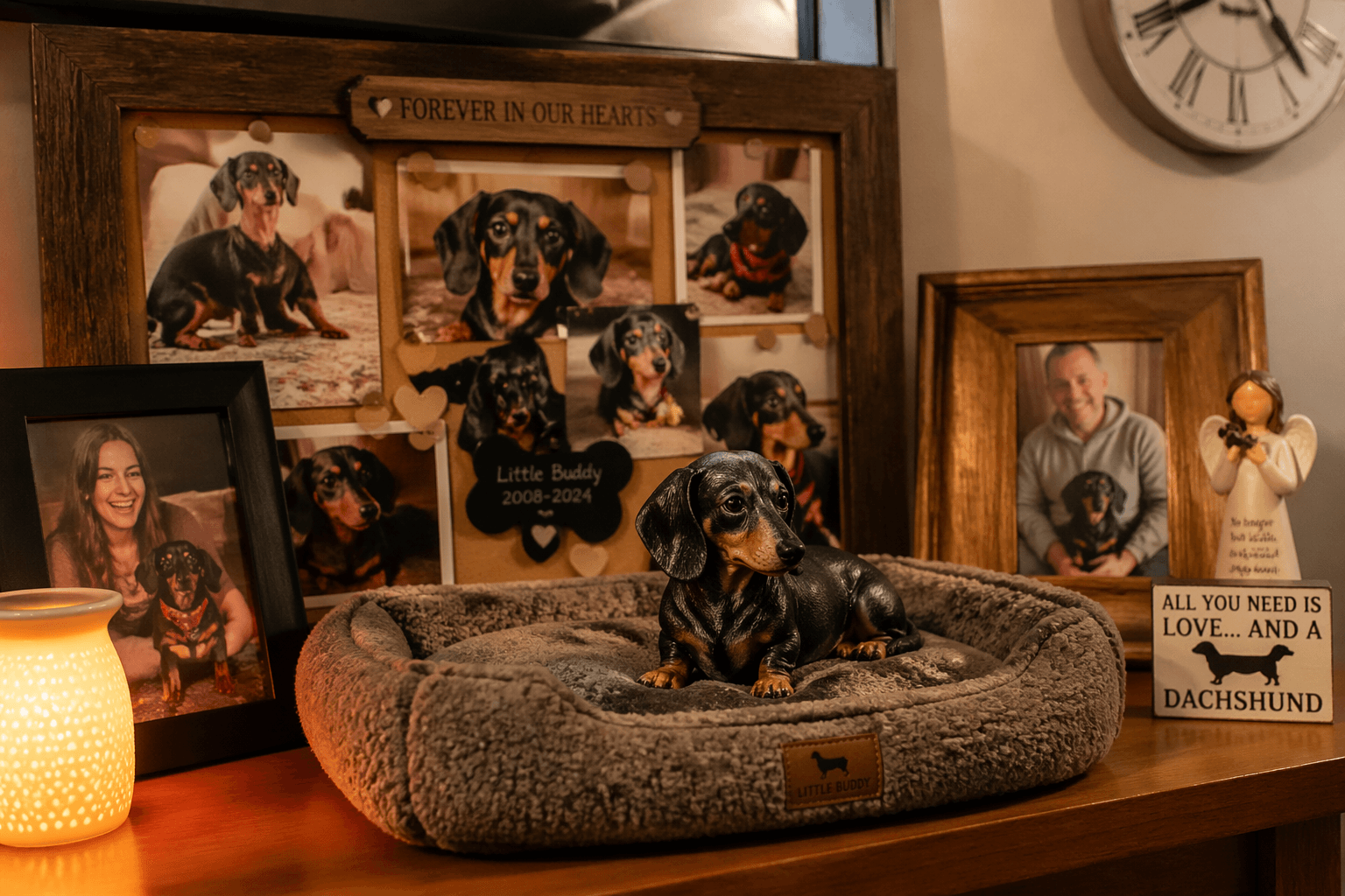 Dachshund bed with figurine and family photos showing reintegration