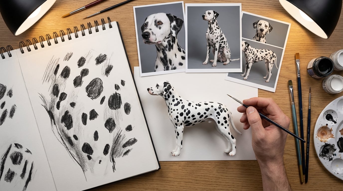A Dalmatian figurine surrounded by reference photos and sketches.