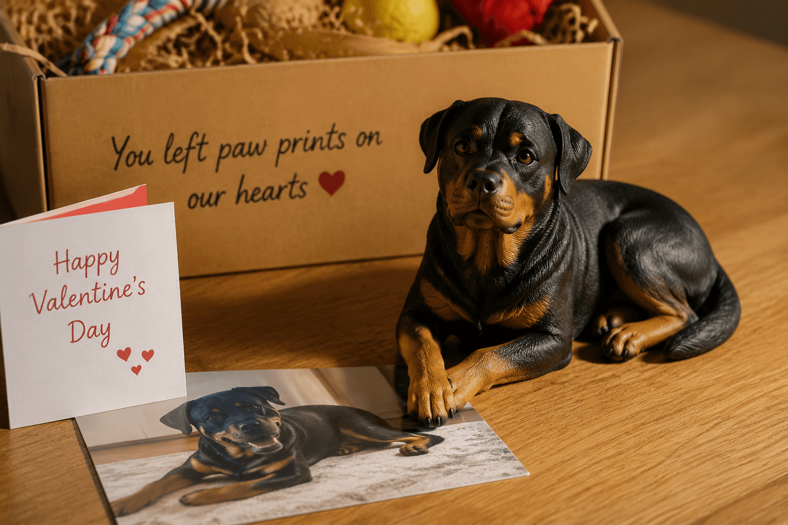 A resin Rottweiler figurine beside a care package and Valentine's card on a wooden desk in warm light