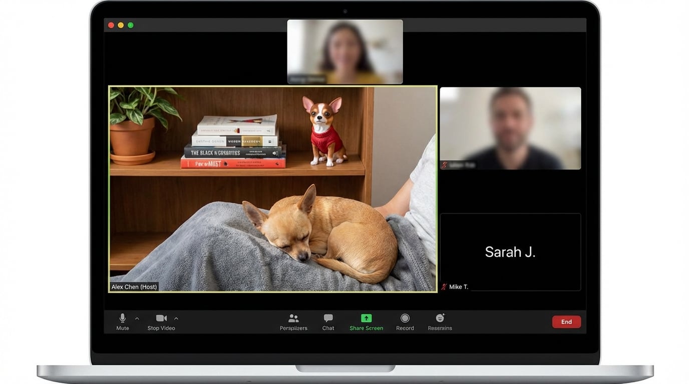 Chihuahua figurine on shelf behind remote worker on zoom