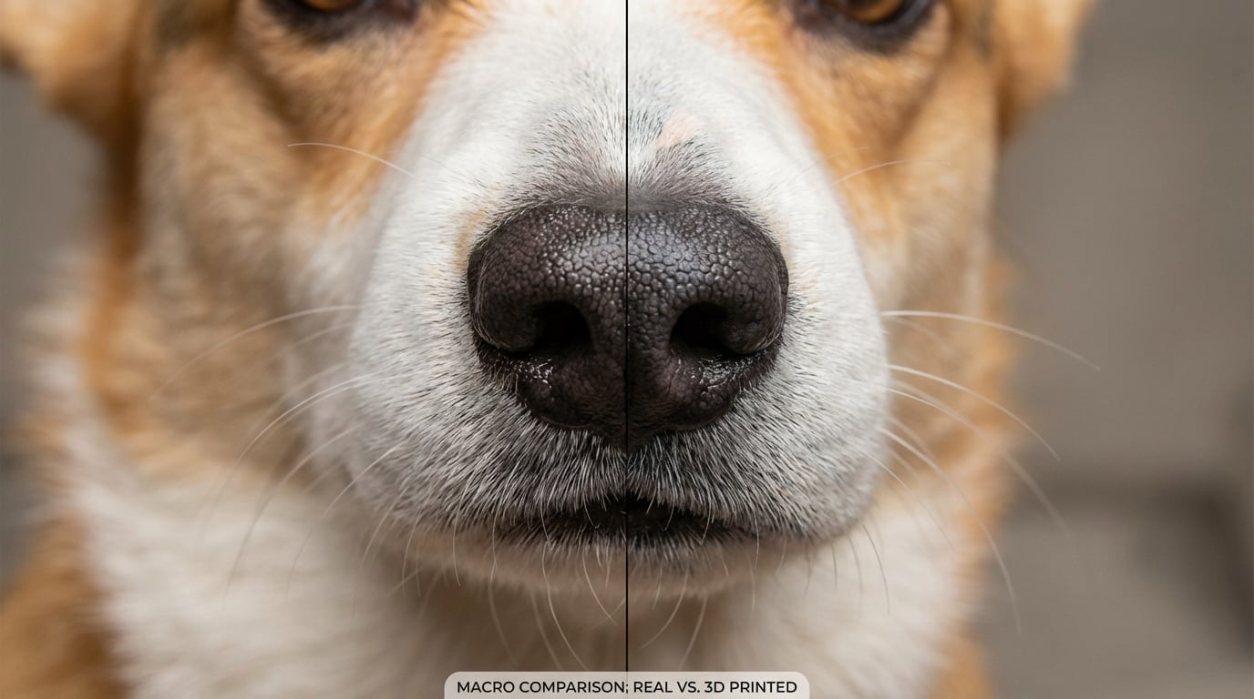 Side by side macro shot of real Corgi nose and 3D printed replica