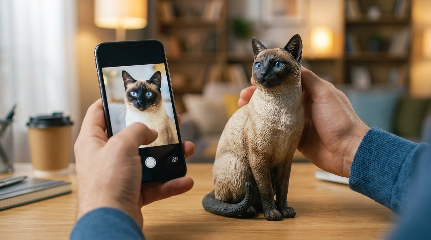 Hand holding phone with cat photo next to 3D printed cat figurine