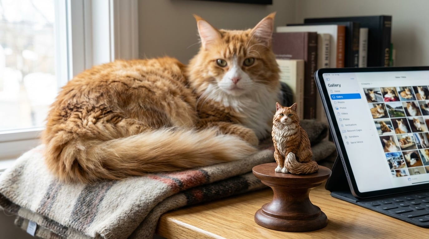 A large Maine Coon lounging on a desk next to a phone and a custom figurine of itself.