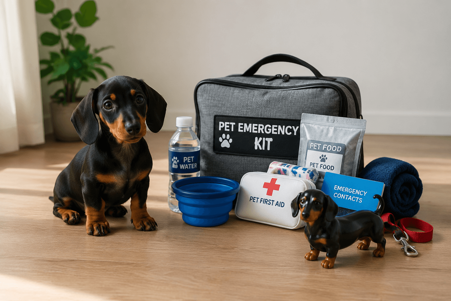 A Dachshund puppy beside a packed emergency kit and its full-color resin figurine on a wood floor