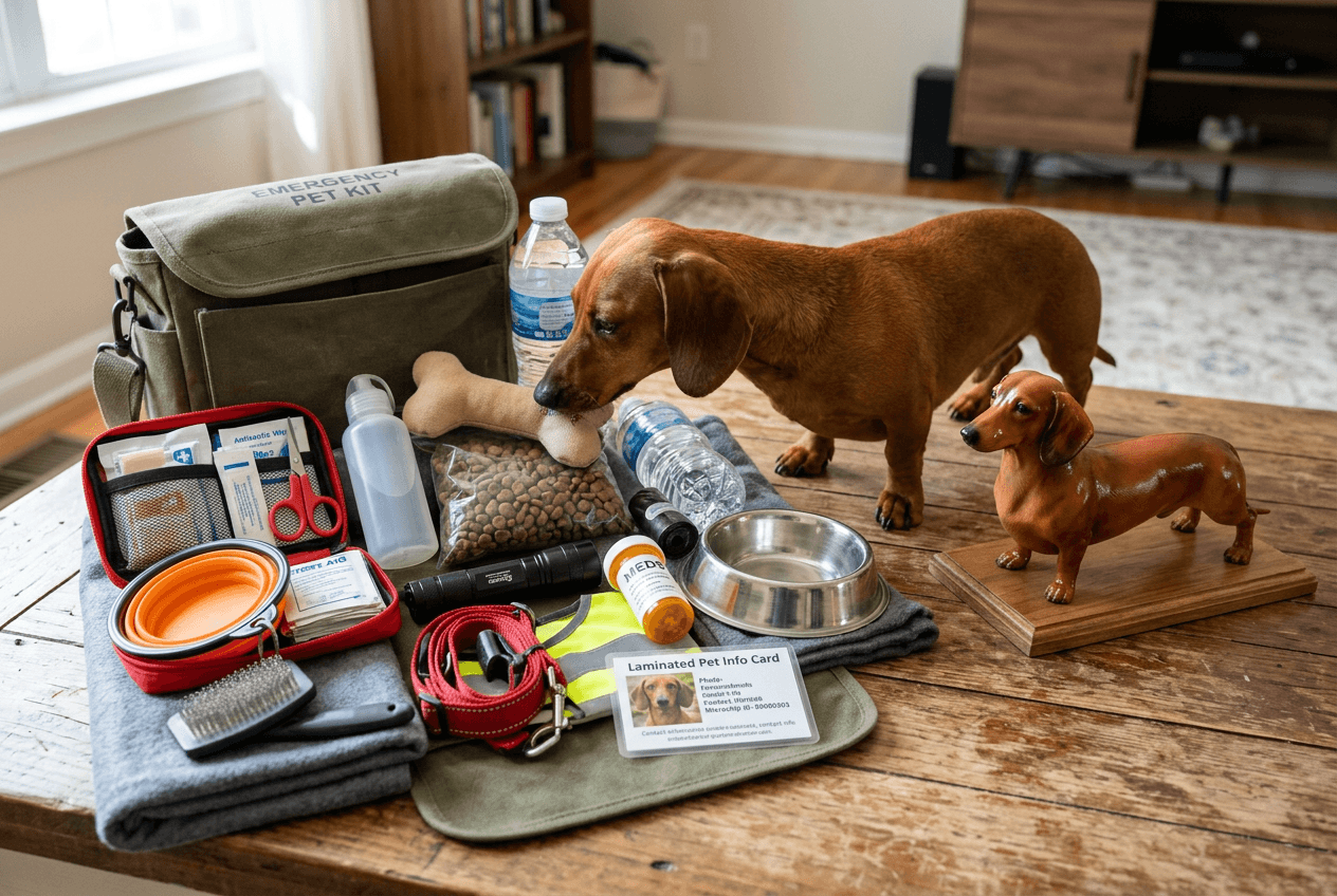 Emergency pet kit with supplies beside a full-color 3D printed resin Dachshund figurine and real Dachshund