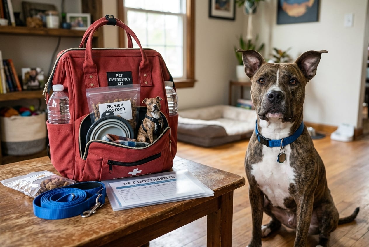 Pet emergency go-bag with essentials and a full-color 3D printed Pitbull figurine inside, real Pitbull sitting beside it