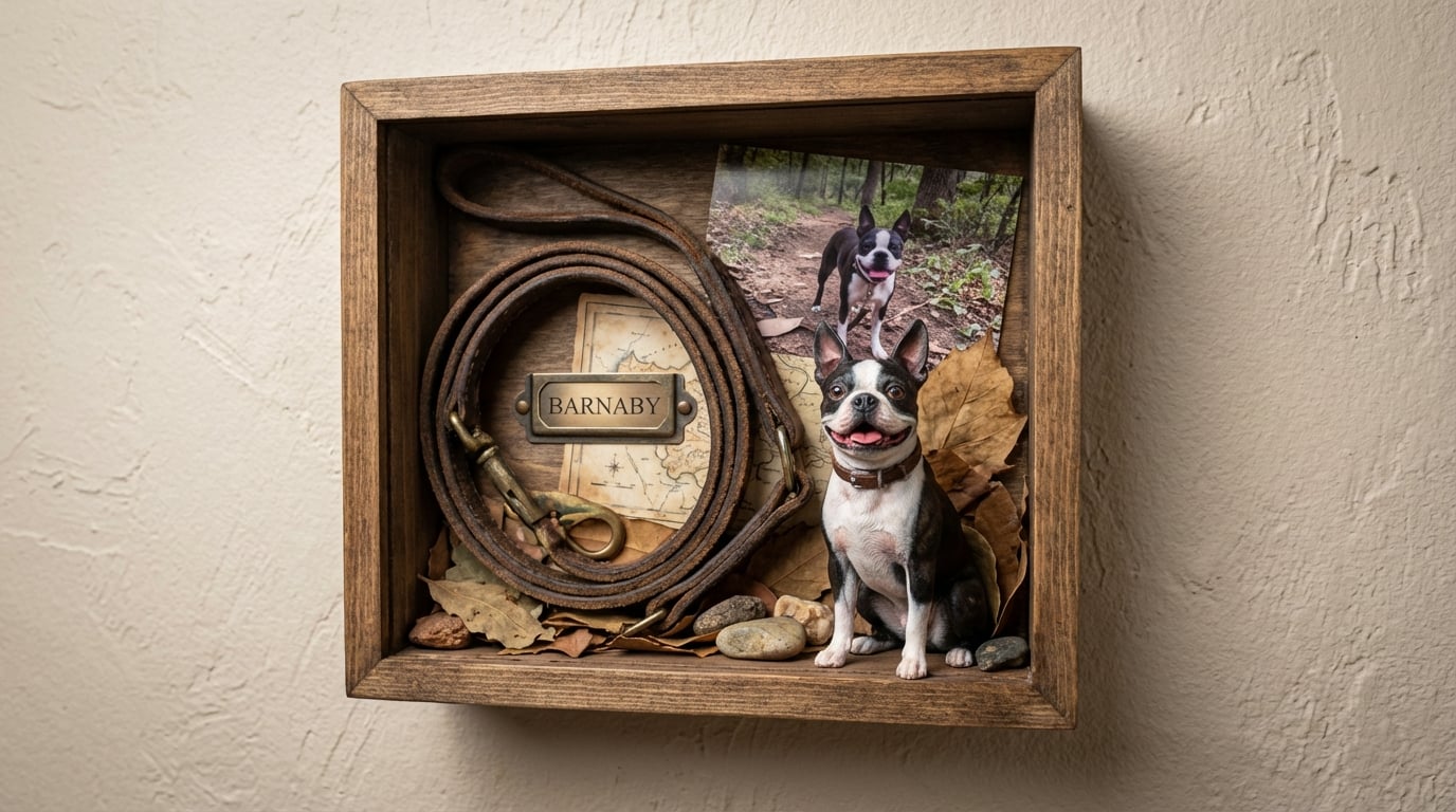 Shadow box with leash, tag, and Boston Terrier figurine
