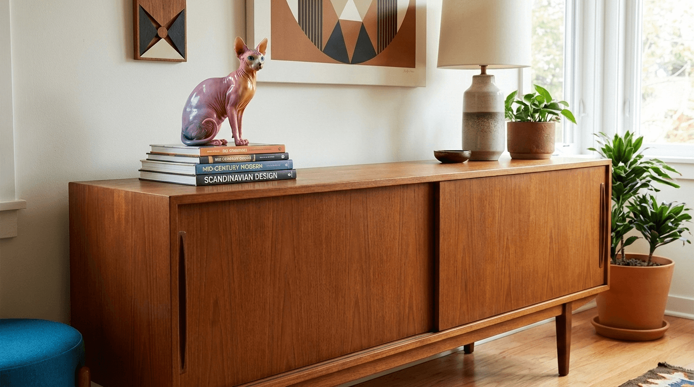 Sphynx cat figurine displayed on art books in modern room