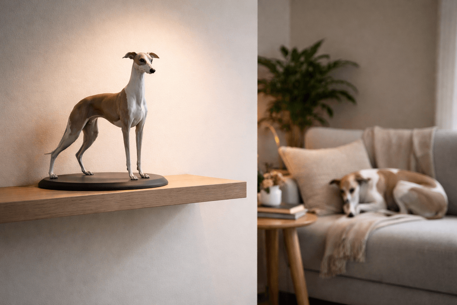 Full-color 3D printed resin Whippet figurine on a floating shelf with accent lighting in a modern living room with real Whippet on armchair