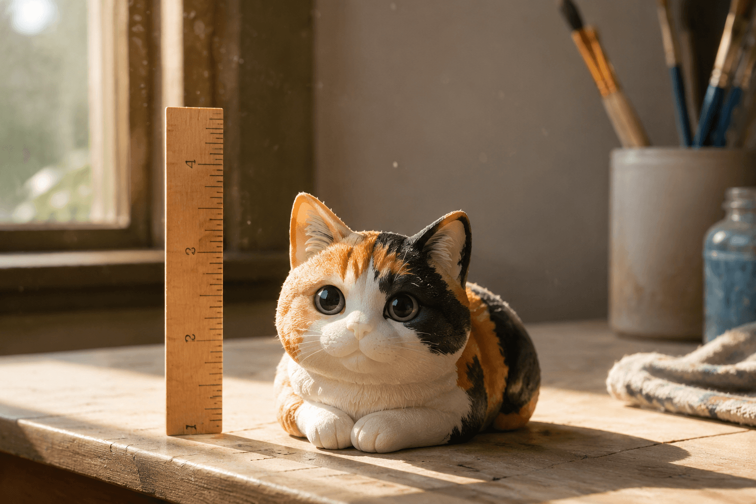 Calico cat figurine lying with distinctive patchwork facial coloring