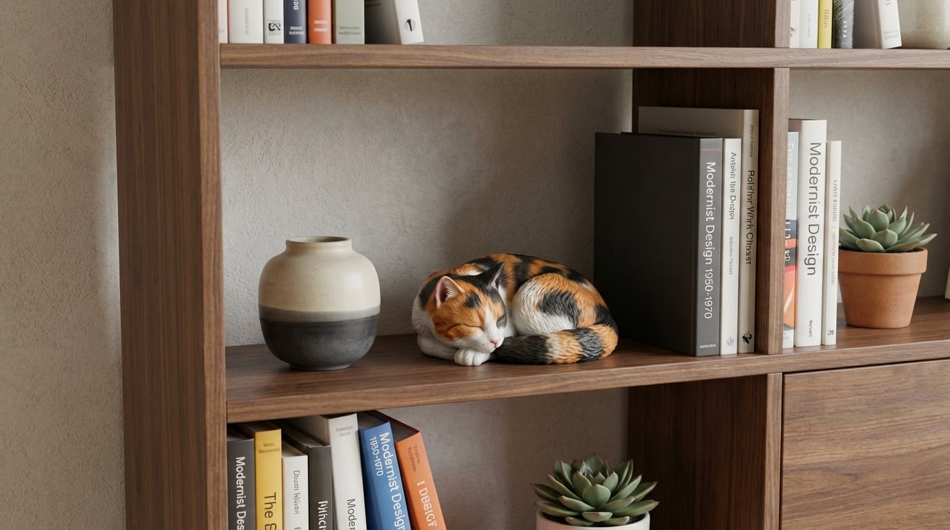 A Calico cat figurine displayed on a modern bookshelf next to a plant.