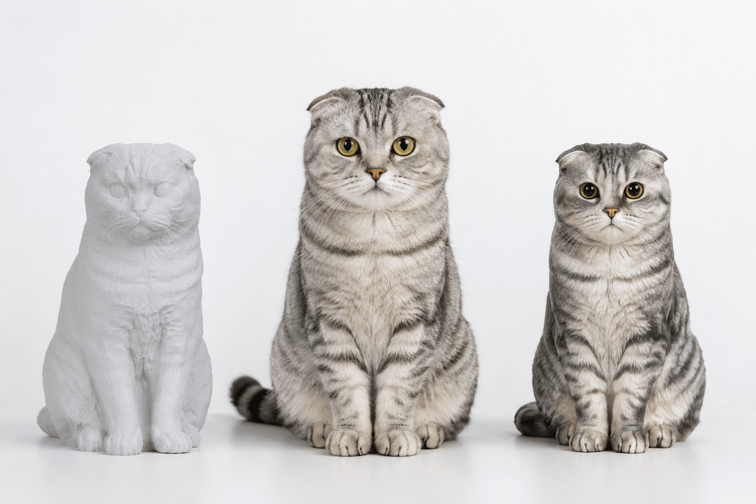 Split comparison showing a rough DIY 3D scan print and a detailed full-color PawSculpt resin figurine of a Scottish Fold cat with the real cat between them