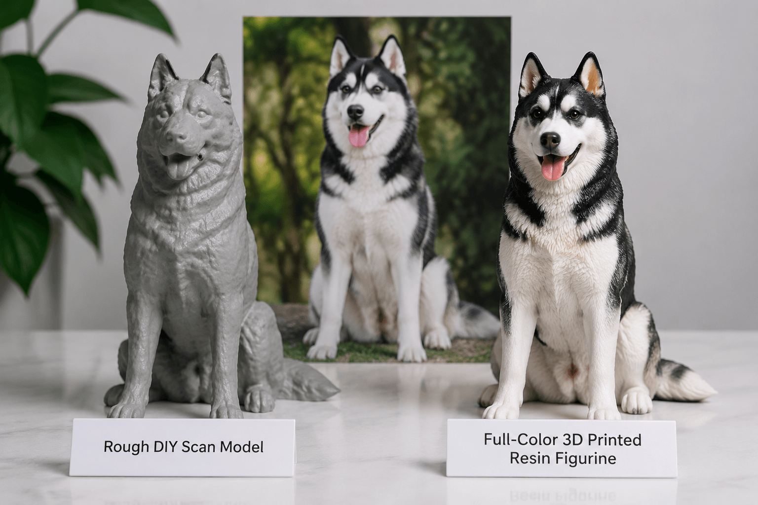 A rough DIY scan model beside a polished resin Husky figurine with the real Husky's photo behind on a desk