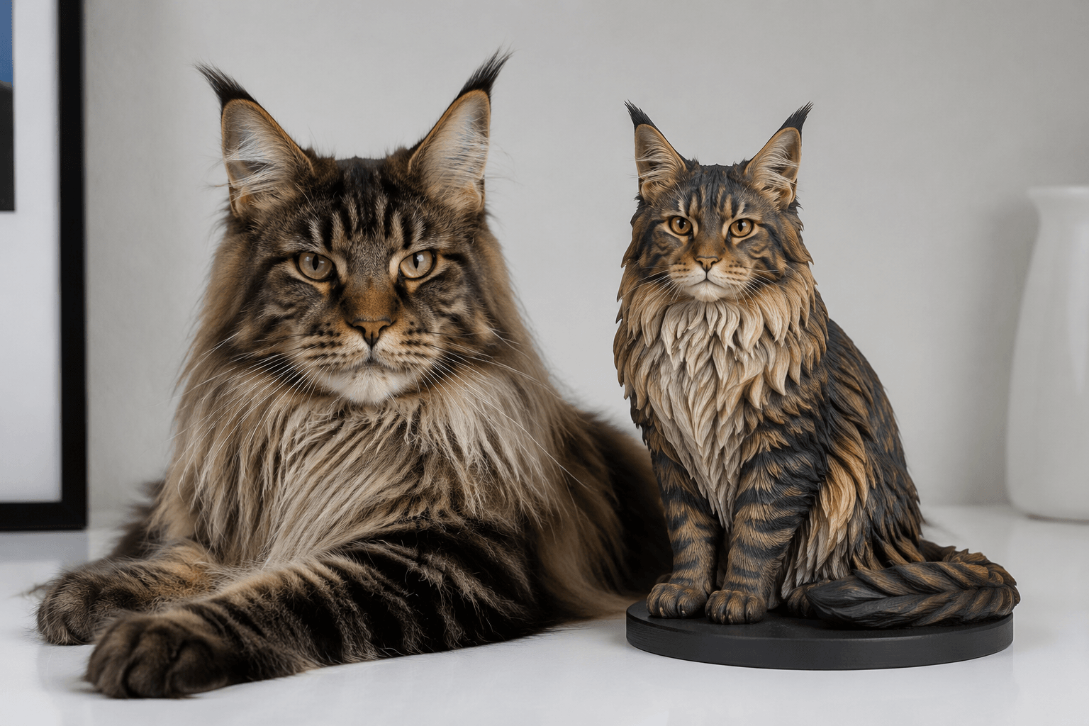 Fluffy Maine Coon beside its full-color resin figurine showing detailed long fur and tufted ears