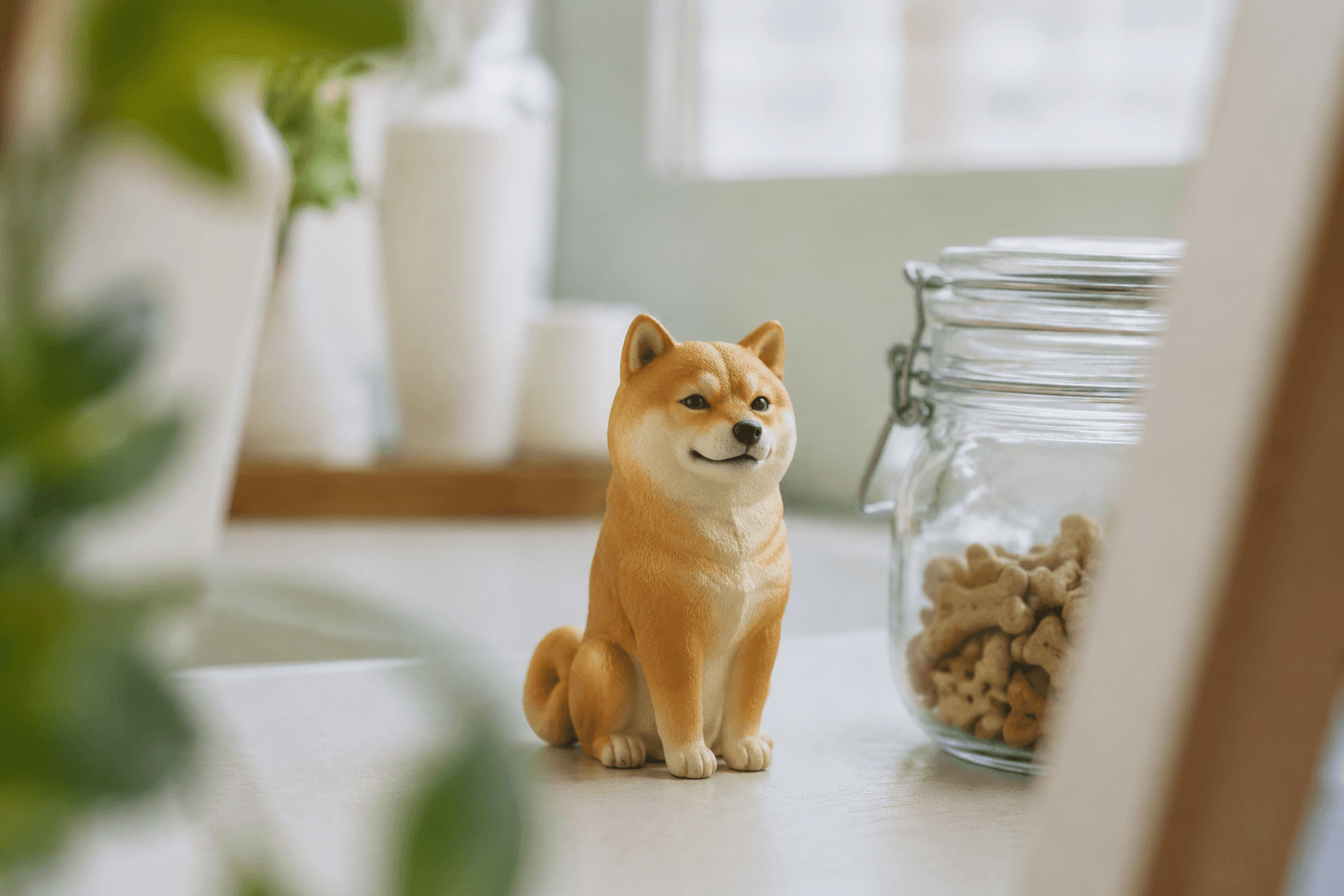 Shiba Inu figurine sitting alert with curled tail