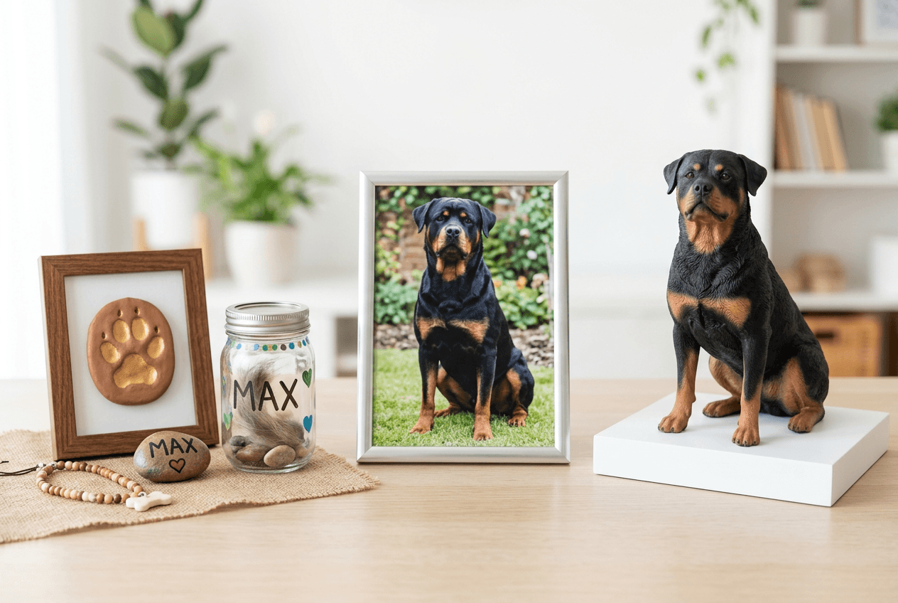 Side-by-side comparison of DIY pet memorials and a full-color 3D printed resin Rottweiler figurine