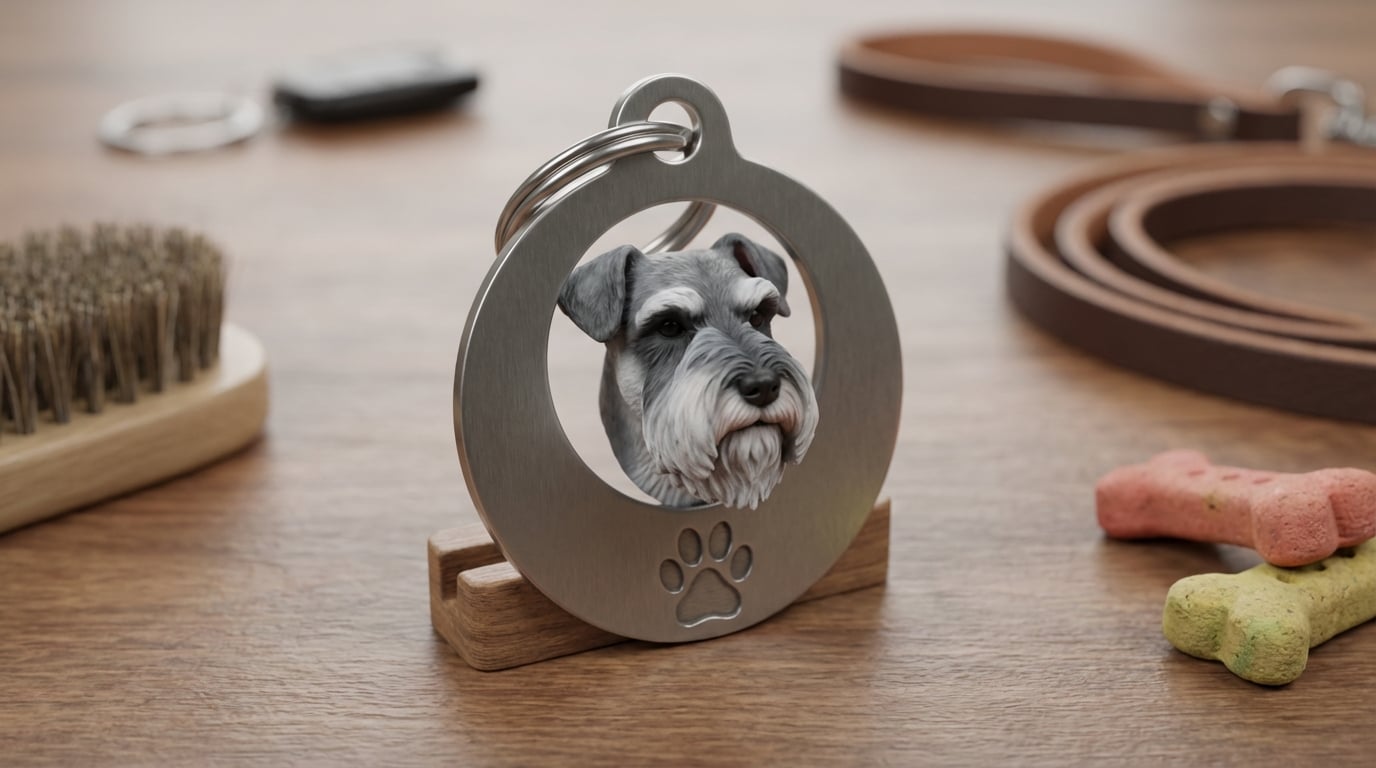 A Schnauzer figurine viewed through the ring of a dog tag.