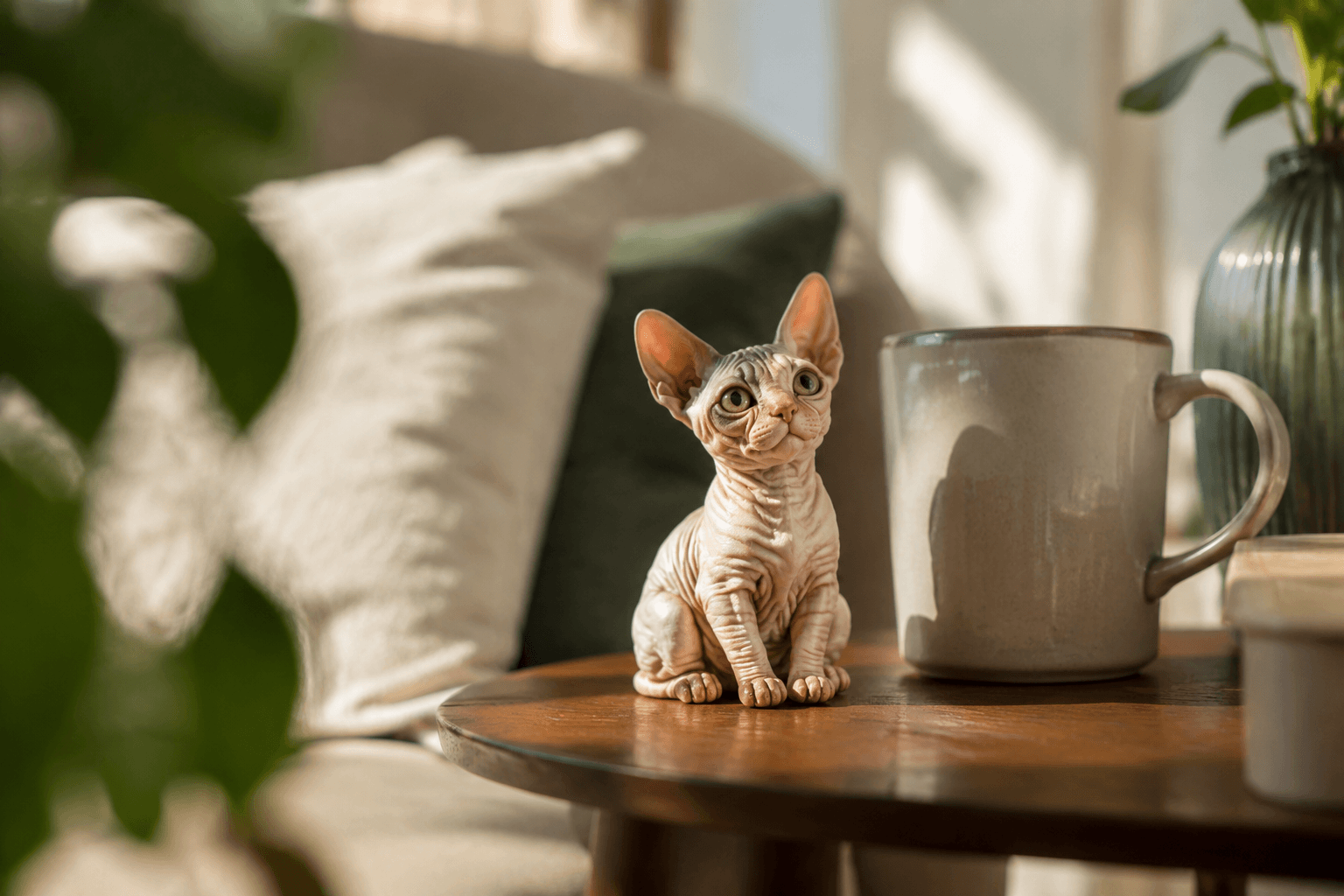 Sphynx cat figurine sitting alert with large ears