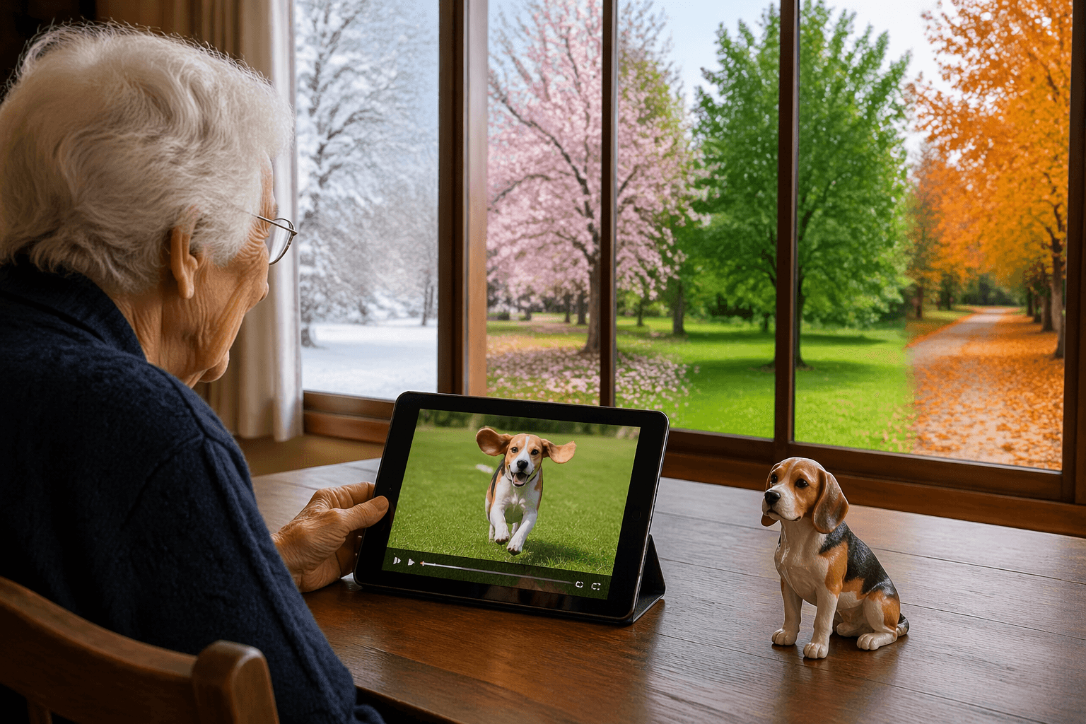 Elderly person watching Beagle video with figurine on table