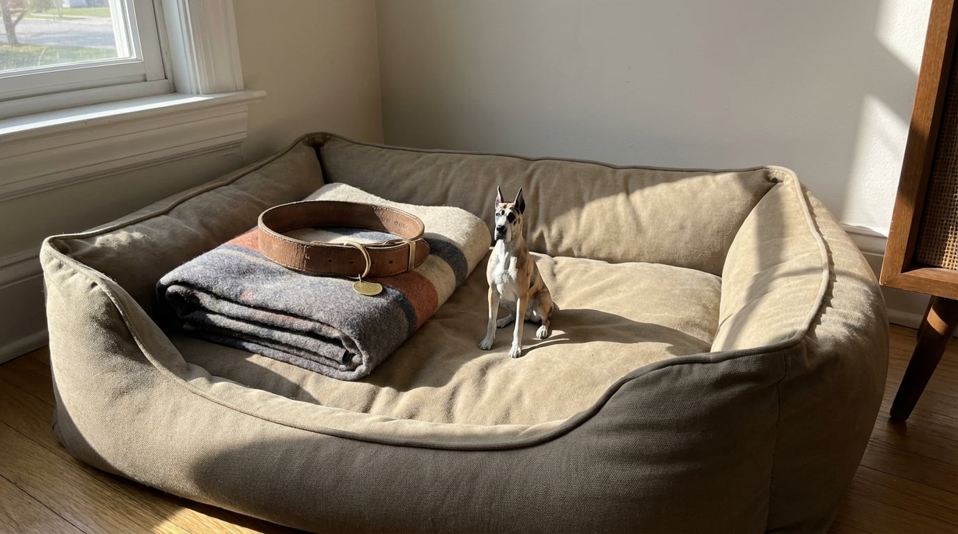 Small Great Dane figurine on a large empty dog bed