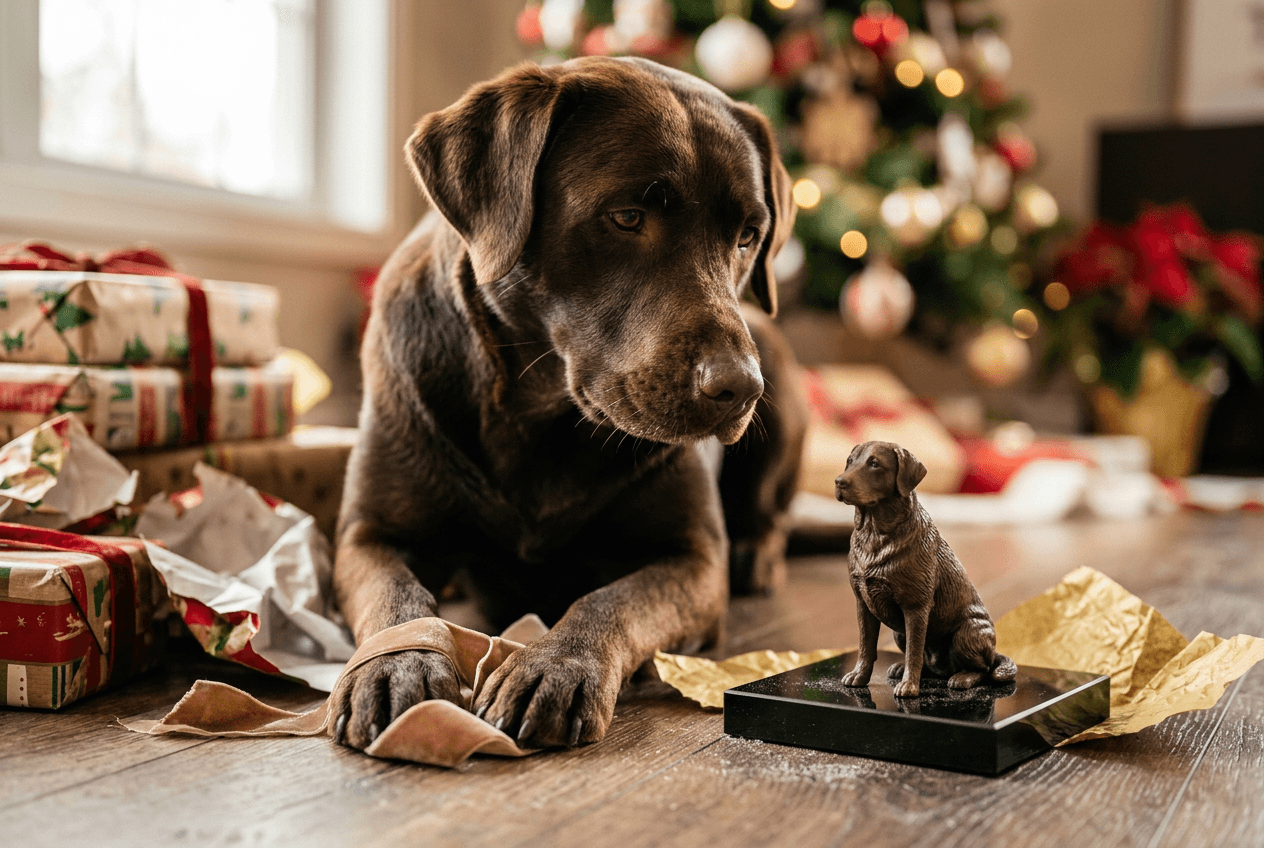 A Labrador Retriever looking loyal next to a gift bag and a custom figurine, perfect for empty nesters.