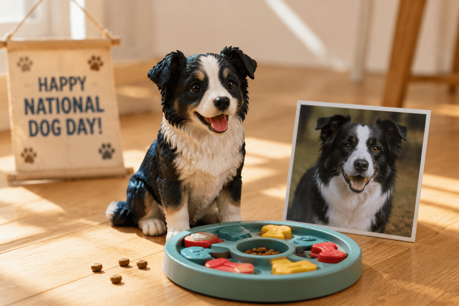 Resin Border Collie puppy figurine beside a puzzle feeder on a sunny floor with a National Dog Day theme