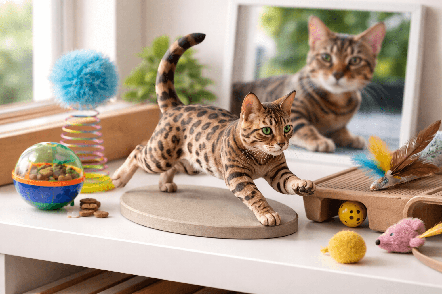 Full-color resin Bengal figurine mid-pounce on a shelf with enrichment toys in bright modern daylight