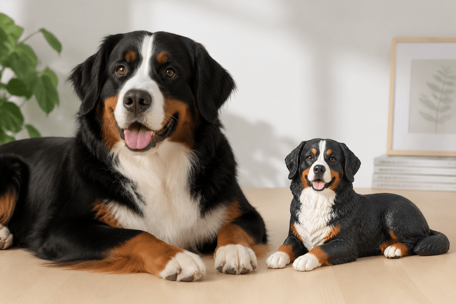 Bernese Mountain Dog lying beside its detailed full-color resin figurine on a bright studio table