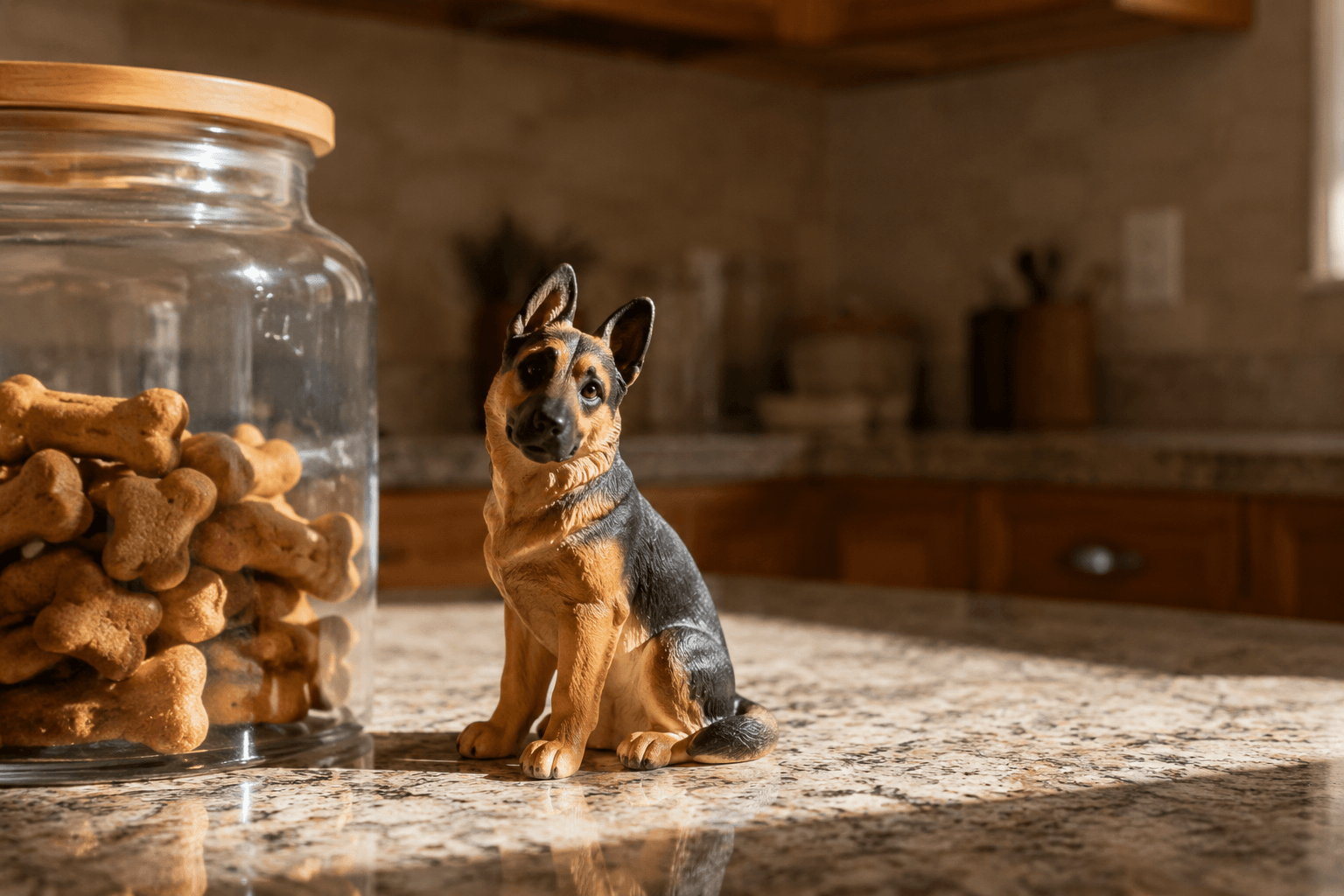 Full-color resin figurine of a seated German Shepherd with a slight head-tilt