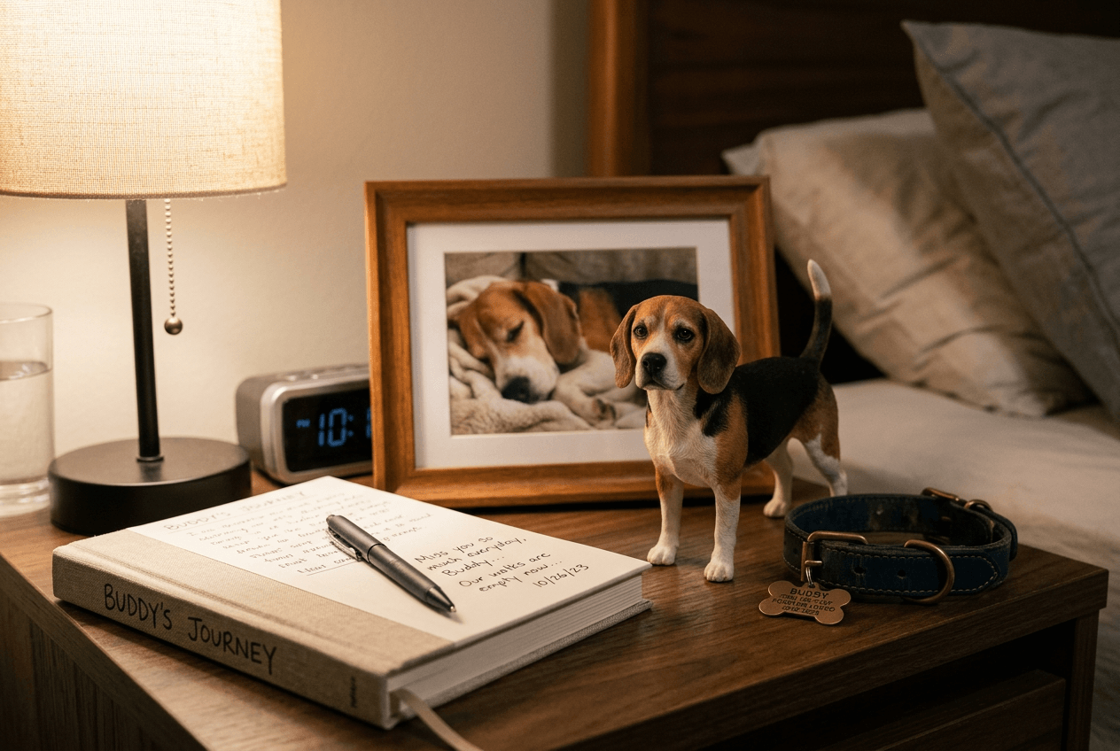 Beagle 3D figurine on nightstand with collar, ID tag, and photo of real sleeping dog