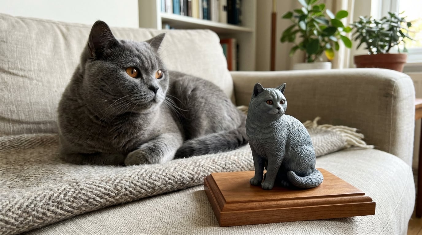 A British Shorthair curled up on a sofa cushion with a figurine of itself on the side table.