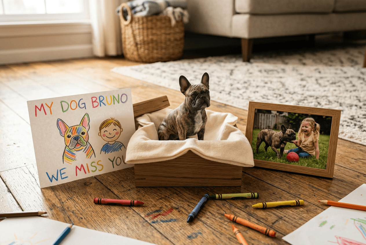 French Bulldog 3D figurine in memory box with child's drawing and photo of real dog playing
