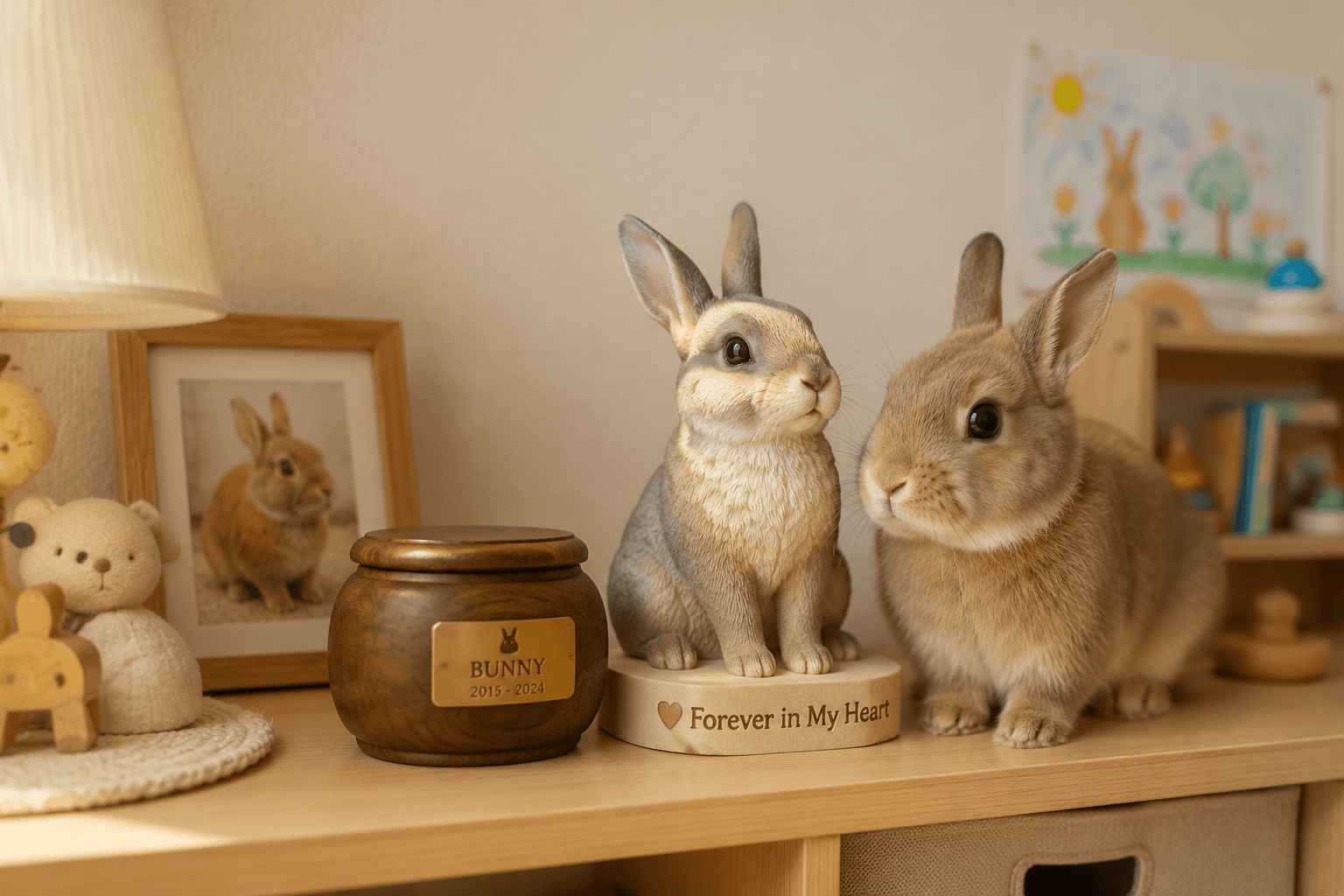 A small wooden urn beside a resin Rabbit figurine on a low shelf at a child's eye level in warm gentle light