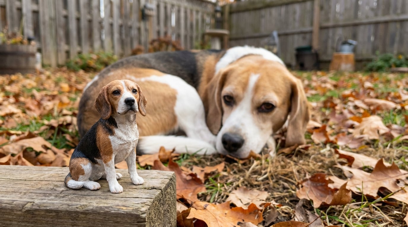 A Beagle sniffing autumn leaves with a figurine of itself placed on a garden stone.